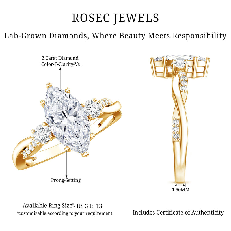 2 Carat Marquise Cut Lab Grown Diamond Crossover Engagement Ring with IGI Certificate