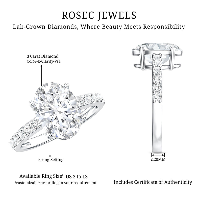 IGI Certified 3 Carat Lab Grown Oval Diamond Engagement Ring for Women