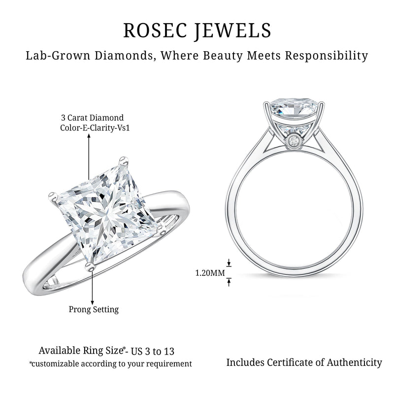 IGI Certified Lab Grown 3 Carat Diamond Princess Cut Engagement Ring Solitaire