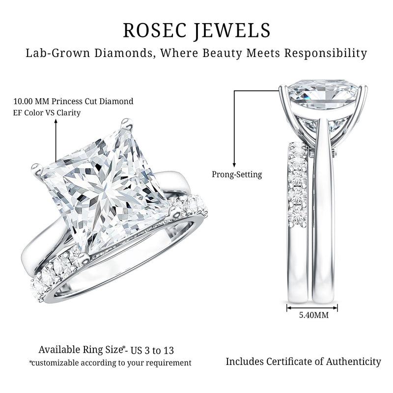 5 Carat Huge Lab Grown Diamond Princess Cut Engagement Ring Set with IGI Certificate