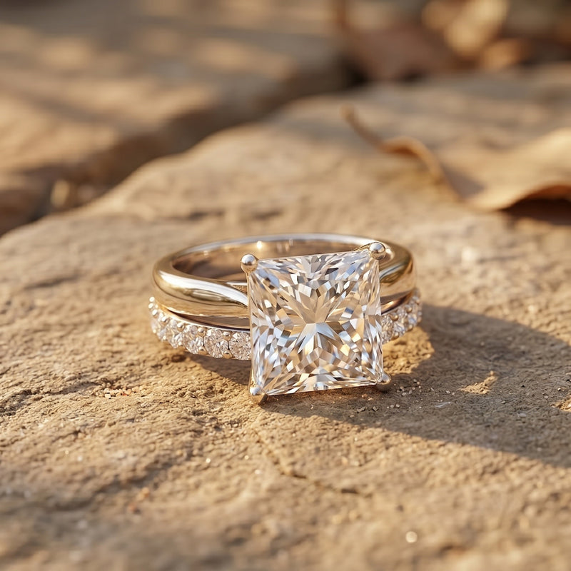 5 Carat Huge Lab Grown Diamond Princess Cut Engagement Ring Set with IGI Certificate