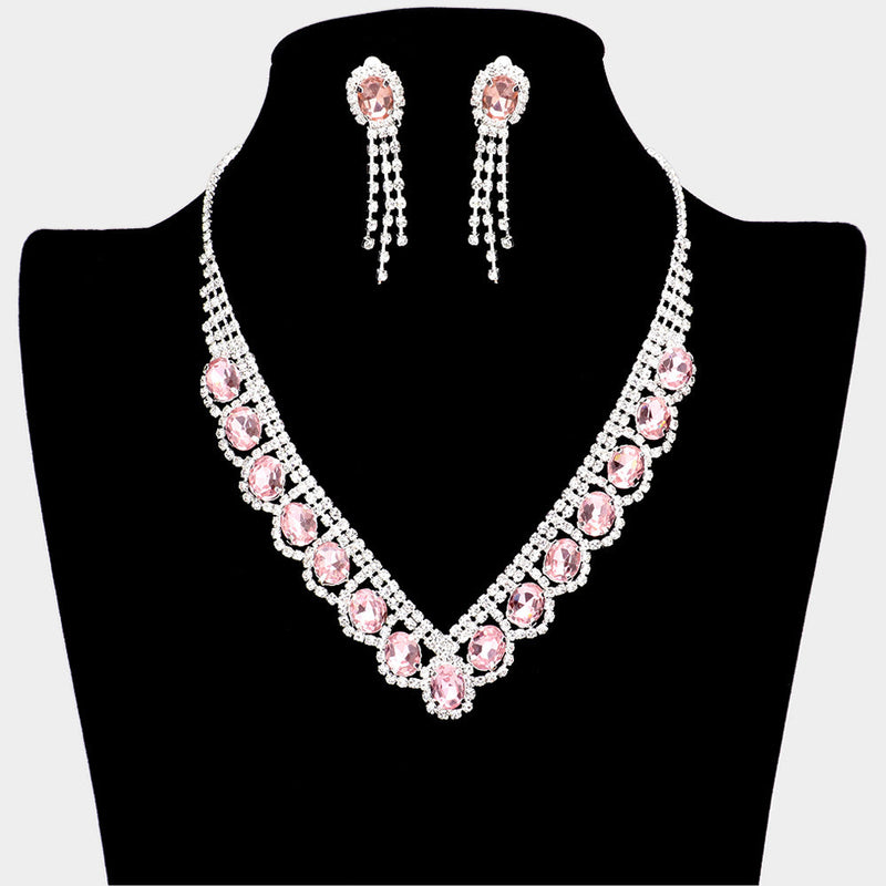 Oval Stone Accented V Shaped Rhinestone Necklace Clip on Earring Set