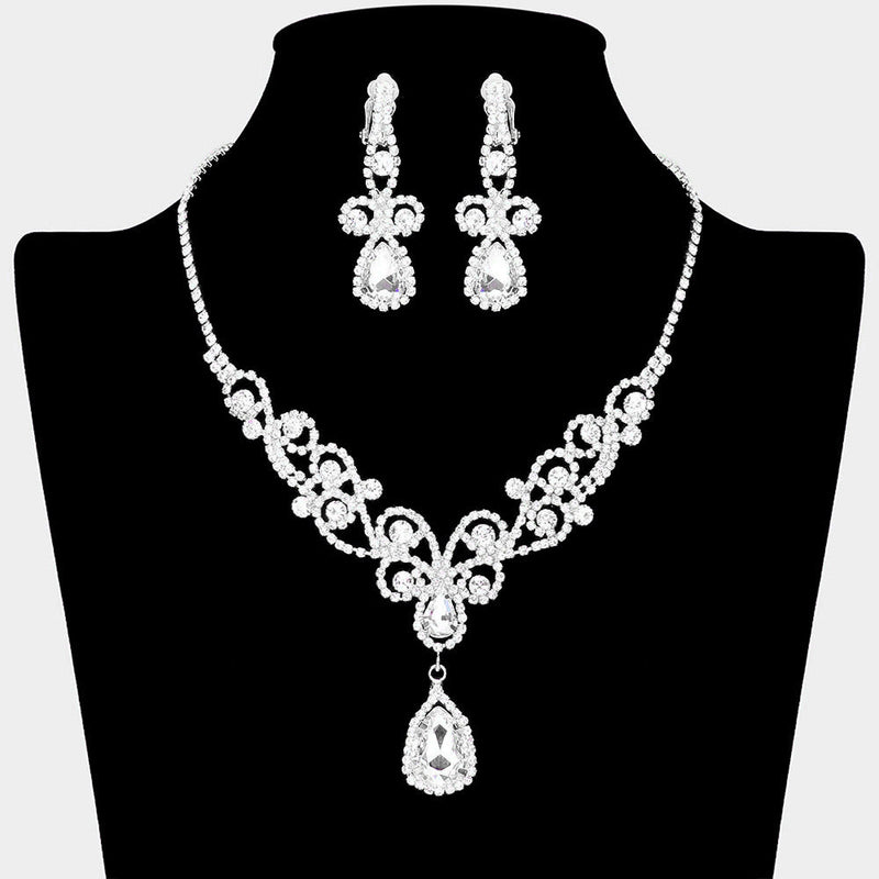 Teardrop Crystal Rhinestone Vine Drop Collar Necklace Clip on Earring Set