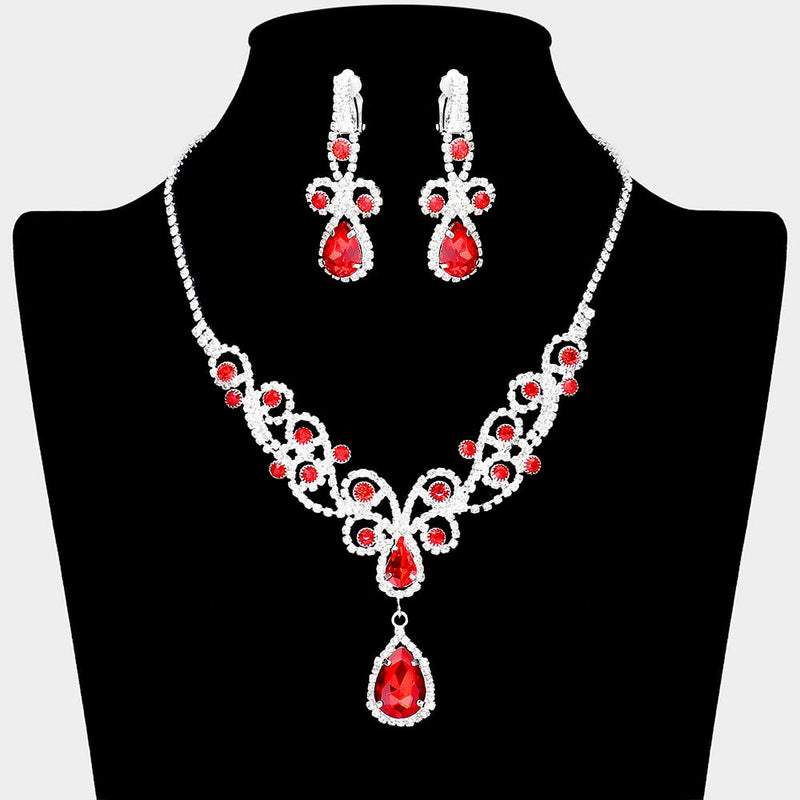 Teardrop Crystal Rhinestone Vine Drop Collar Necklace Clip on Earring Set