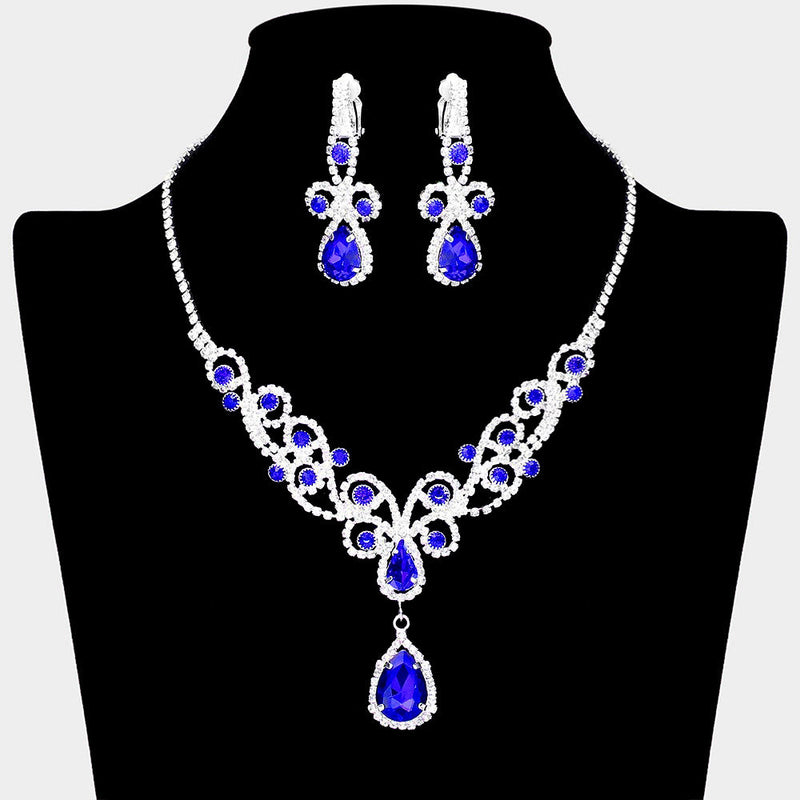 Teardrop Crystal Rhinestone Vine Drop Collar Necklace Clip on Earring Set
