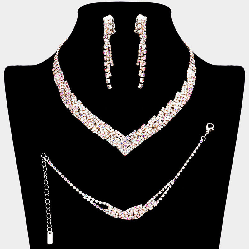 3PCS - Rhinestone Pave Necklace Clip On Earring Jewelry Set