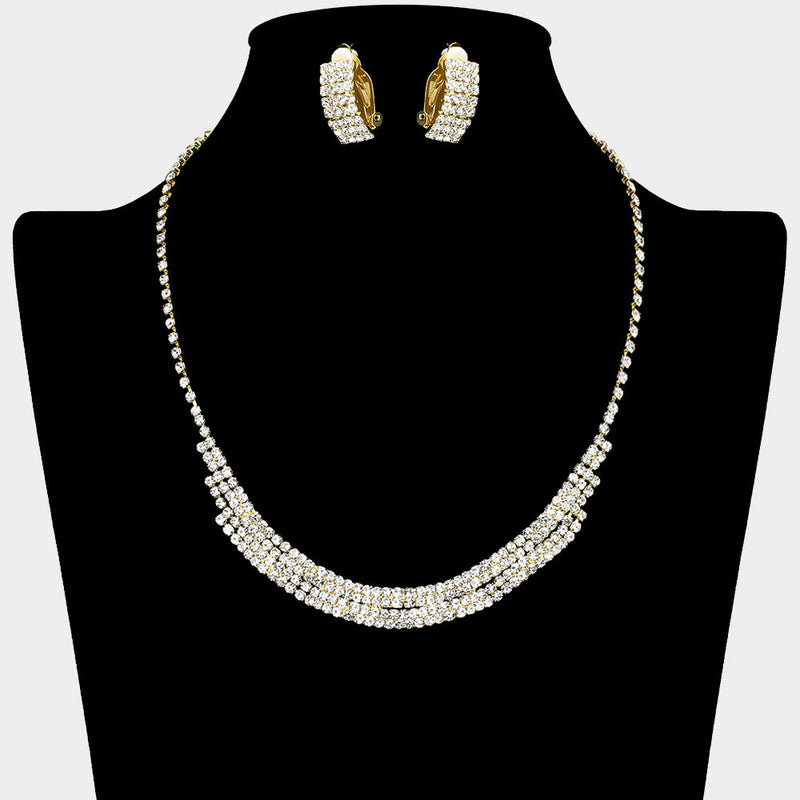 Rhinestone Paved Collar Necklace Clip on Earring Set