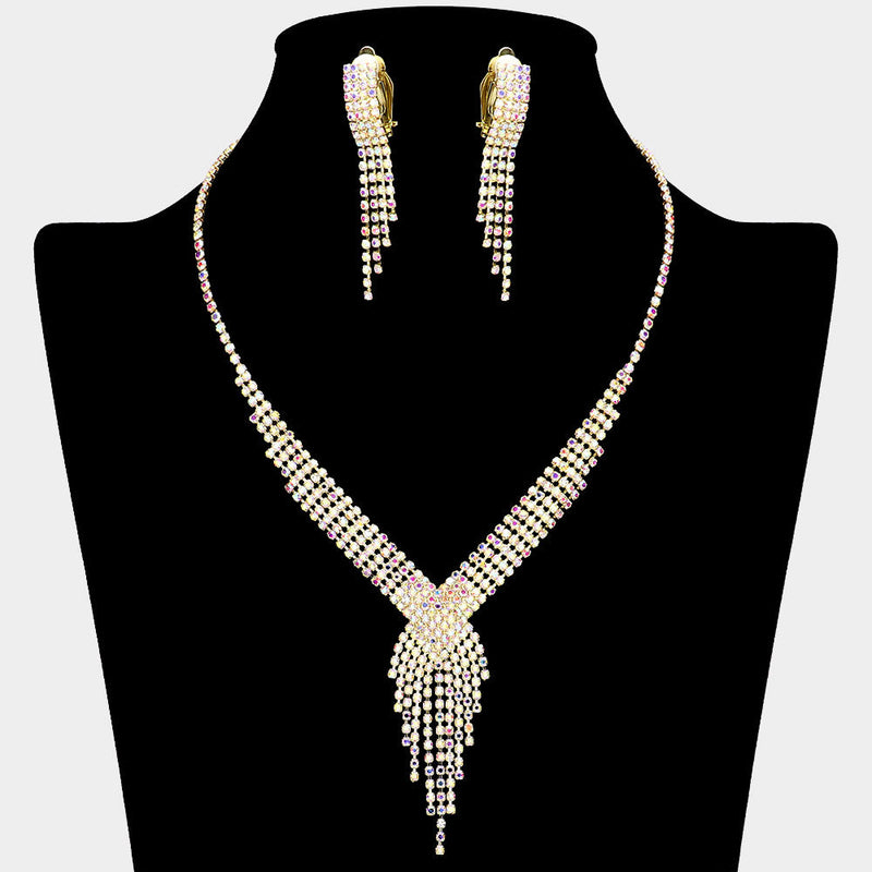 Rhinestone Pave Fringe Necklace & Clip Earring Set