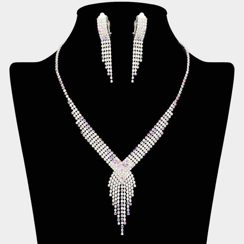Rhinestone Pave Fringe Necklace & Clip Earring Set