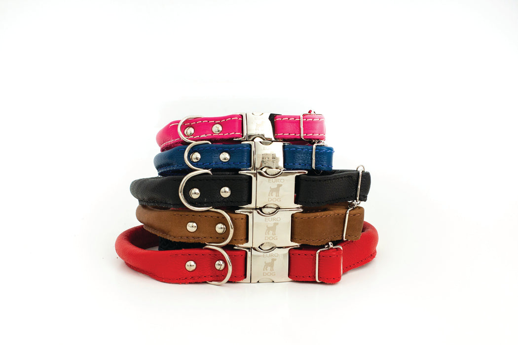 Rolled Style Blue Leather Quick-Release Dog Collar
