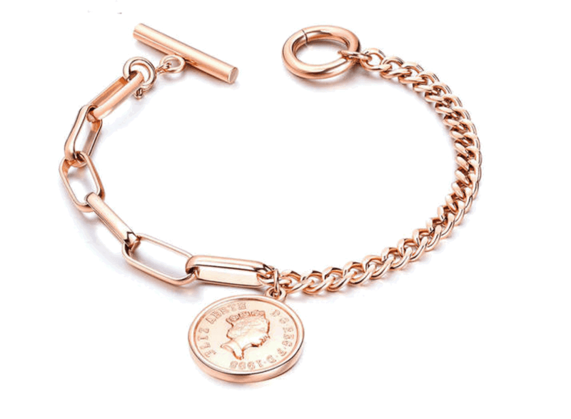 Link Bracelet with Coin Charm and Toggle Clasp