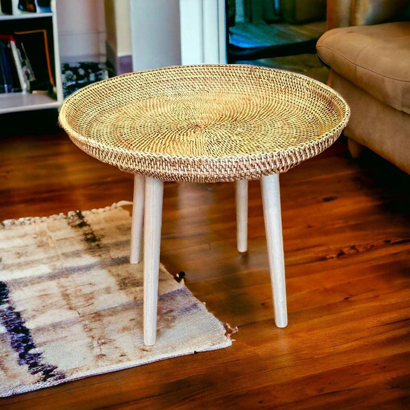 Round Handwoven Rattan Wicker Boho Coffee Table