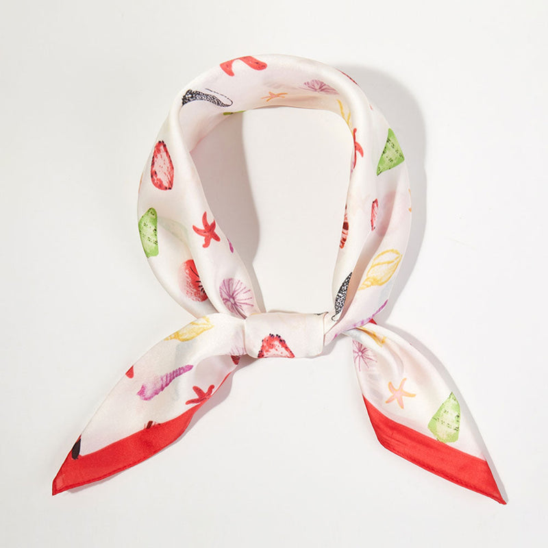 Coastal Watercolor Seashell Starfish Pattern Printed Square Silky Satin Bandana Scarf