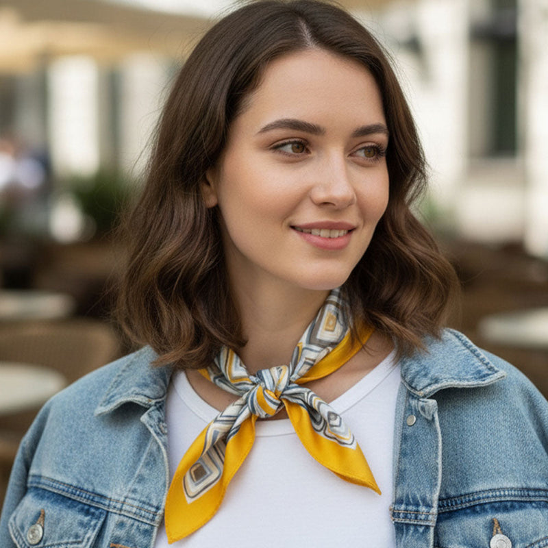Geometric Pattern Printed Square Silky Satin Bandana Scarf