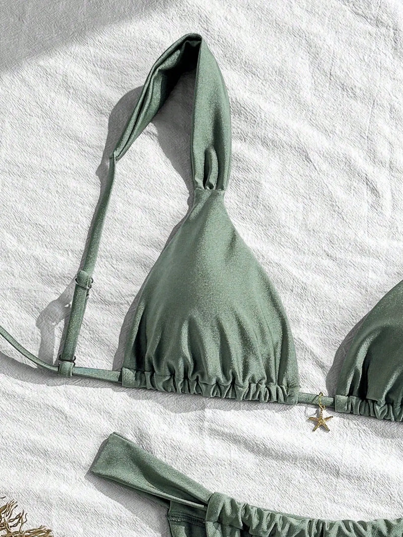 Sexy Starfish Ornament Bikini Set 2026 Women Sky Blue Pleate Push Up Bra Pleate Thong Swimwear Beach Bathing Suit Micro Swimsuit