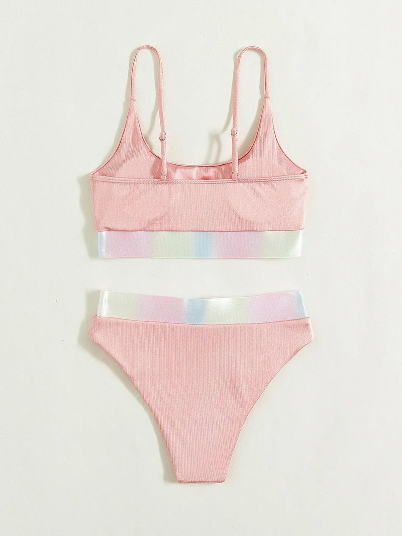 Shiny Pink Contrast Bikini Set Women Halter Push Up Patchwork High Waist Swimsuit 2025 Designer Bathing Suit Two Piece Swimwear