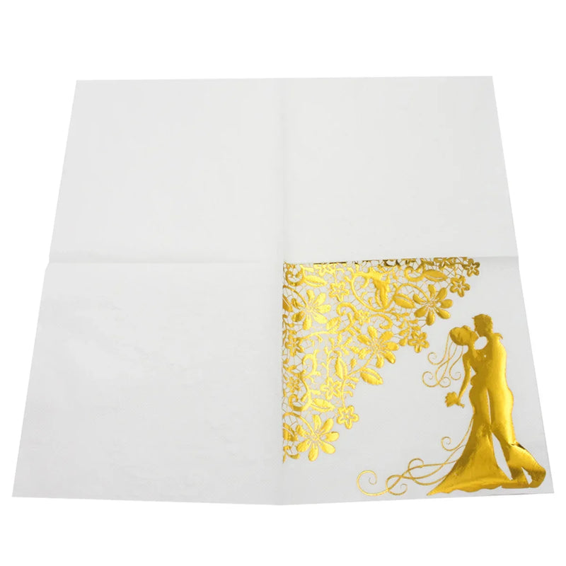 100pcs Wedding Paper Napkins Sparkle Golden Bride Groom Table Napkins 33x33cm Two-Layers Home Hotel Wedding Party Table Decor