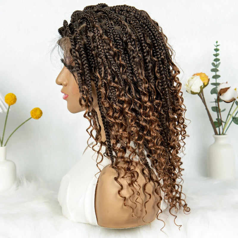 Short Bohemian Box Braids Wig | Full Lace | Curly Ends | Baby Hair | Synthetic Boho Wig