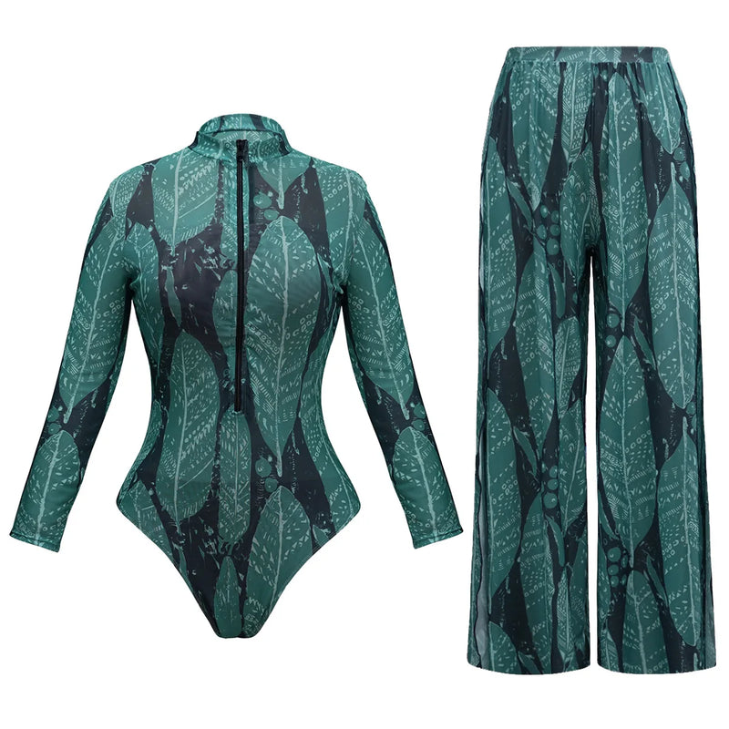 UPF35 Long Sleeved Sunscreen Swimsuit Long Pants Set Women Black Geometry Print Zipper Slim Fit Swimwear Bodysuit Beachwear 2025
