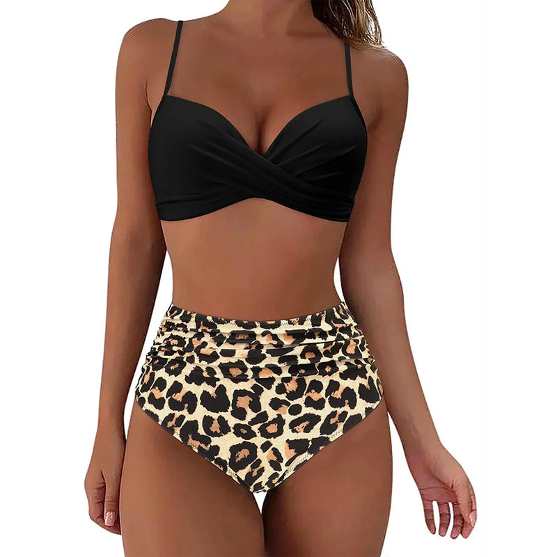 2026 Black Sexy Based Print Split High Waist Bikini Swimsuit For Women Two Piece Solid Color Swimwear Woman Push Up