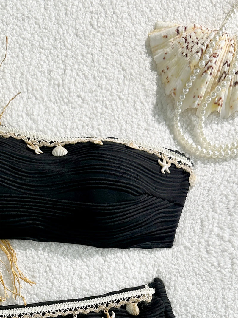 Sexy Bandeau Bikini Set 2025 Women Black Shell Starfish Push Up Drawstring Side High Waist Swimsuit Beach Bathing Suit Swimwear