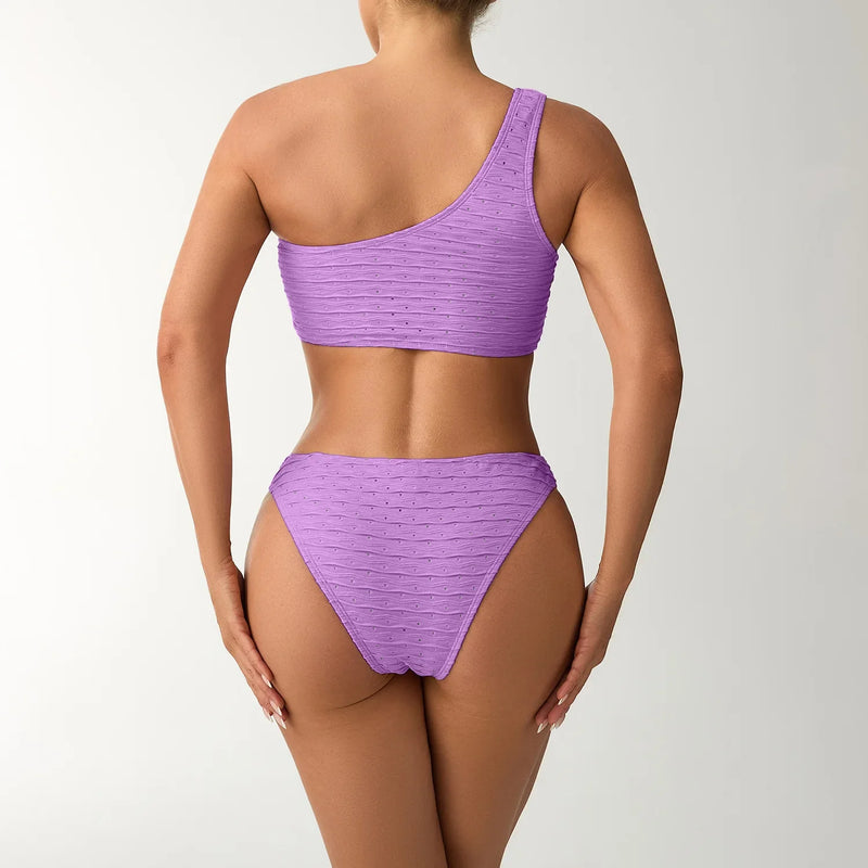 2026 New Style Breathable Quick Dry Solid Color Single Shoulder Bikini Sexy Swimsuit Women's High Elasticity Thickened Backless