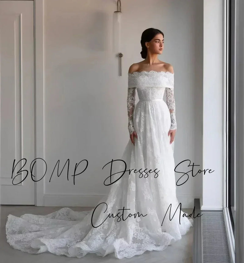 BOMP Elegant Lace Wedding Dress Sweetheart Off Shoulder Full Sleeves Sweep Train Ivory Bridal Gown Customized Robe De Mariée