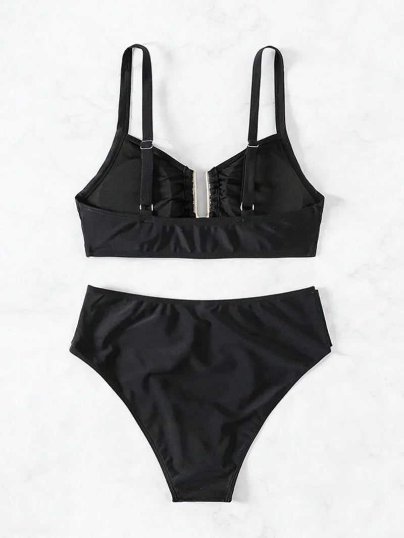 Solid Color High Waist Two Piece Swimsuit for Women U-neck Suspender Backless Bikini Set Beach Vacation Bathing Suit 2025 New