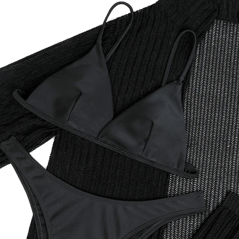 Summer 4 Piece Bikinis Sets Women Black White Mesh Half Sleeve Cover Up with High Waist Panties Swimsuit Bathing Suit Swimwear
