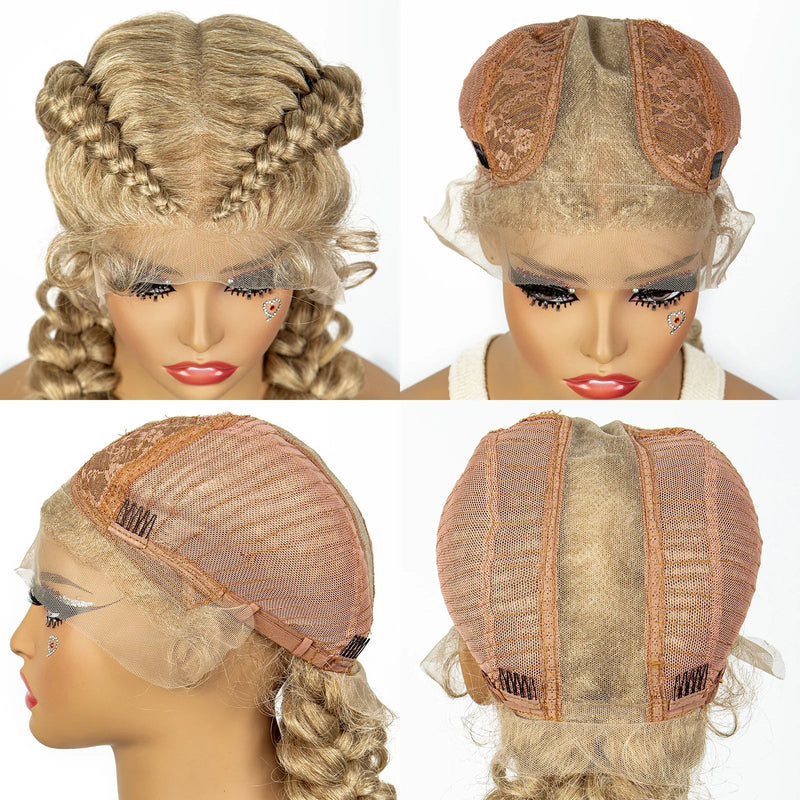 1B/30 Dark Brown Dutch Box Braids Wig | Synthetic Lace Frontal | Fishtail Braids | With Baby Hair | For Black Women