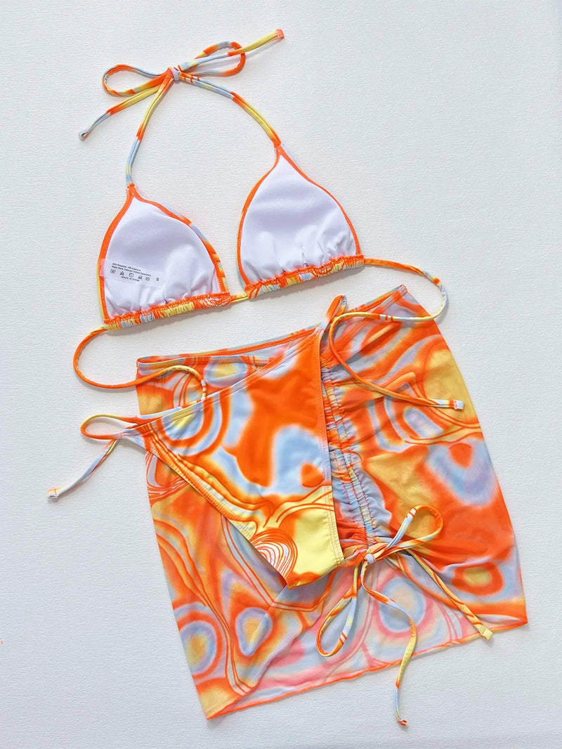 Sexy Orange Gradient 3 Piece Bikinis Sets Women Push Up Pleate Skirt Swimsuit Summer Bathing Suit Cover Up Swimwear Biquini 2024