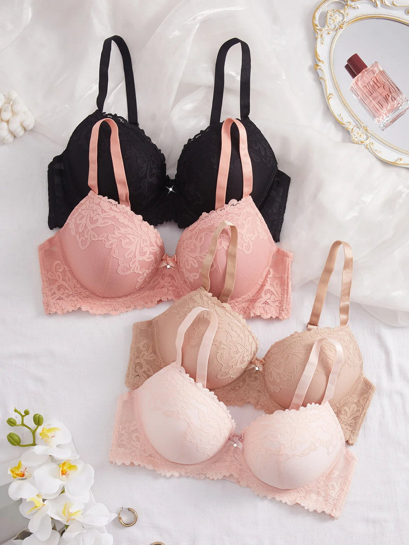 4Pcs Daily Plus Size Floral Lace Women's Underwear Set Thin Cup Push up Bra Wide Strap Underwire Side Support Women Lingerie Bra