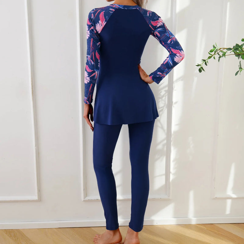 Muslim Swimwear Burkini Sets for Women Black Floral Print Zipper Long Sleeve Top Long Panties Sports Swimsuit Bathing Suit