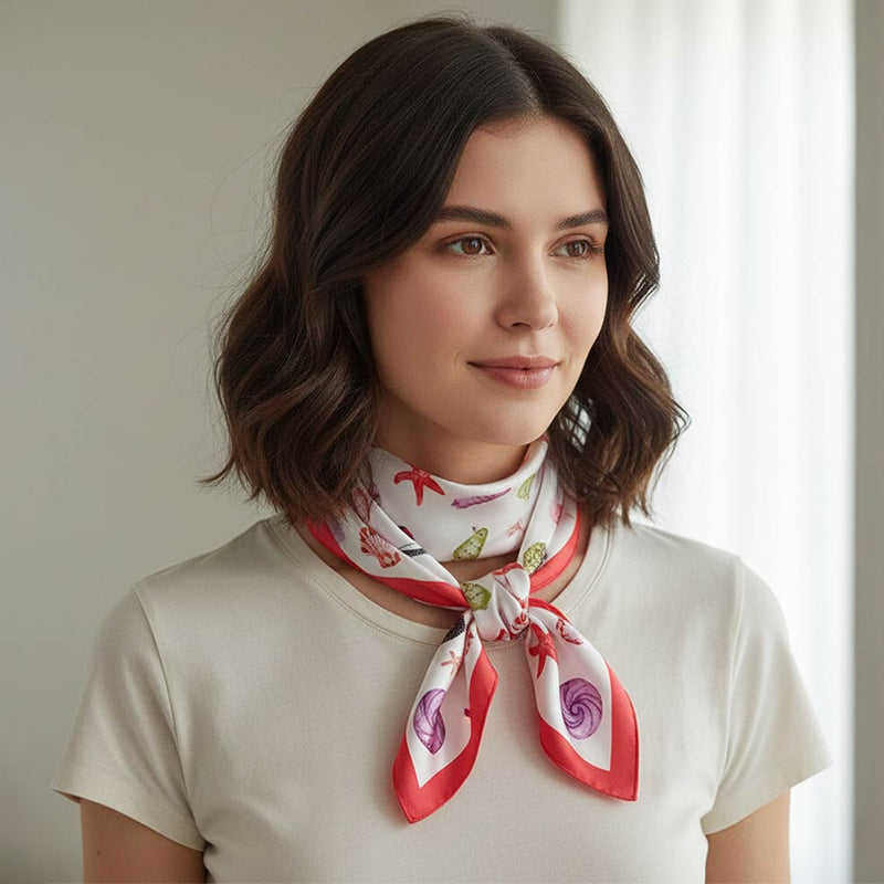Beach Day Sea Life Printed Square Silky Satin Bandana Scarf