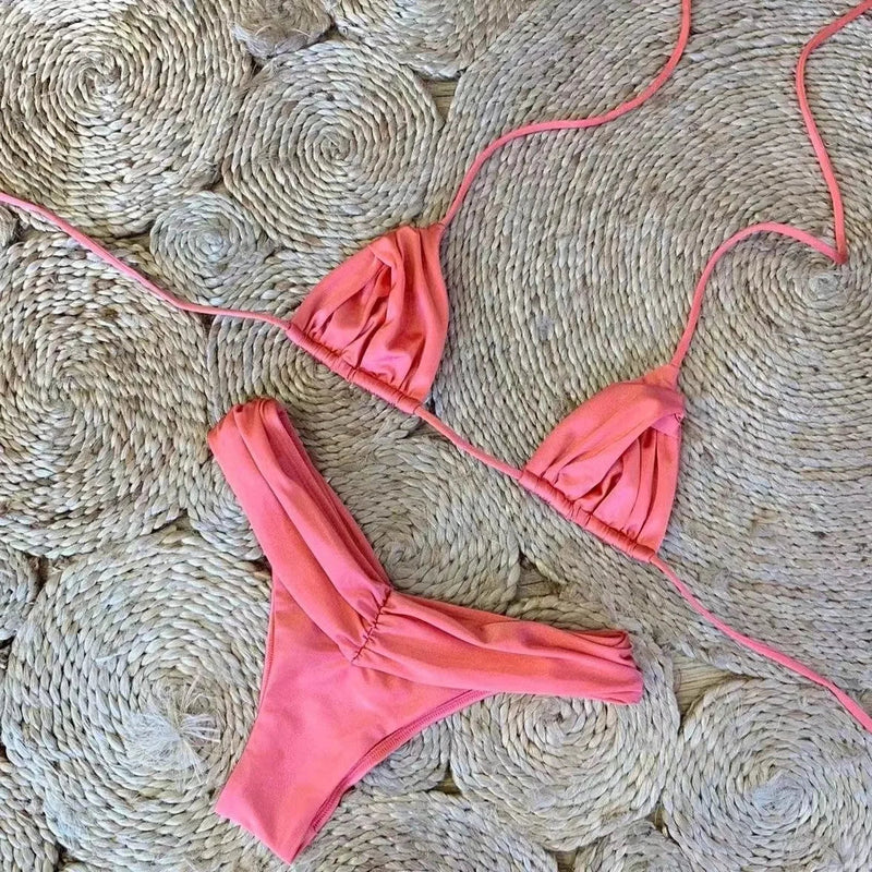 Sexy Micro Bikinis 2025 Women Halter Brazilian Bikini Set Female Pleated Swimsuit New Triangle Swimwear Beach Wear Bathing Suit