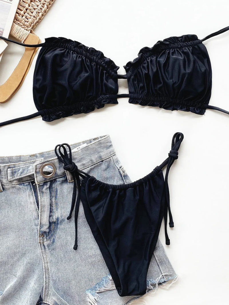 Pleated Swimsuit Women Hollow Out Bandage Ruffles Push Up Triangle Bikini Brazilian Black Green Bathing Suit Micro Swimwear 2025