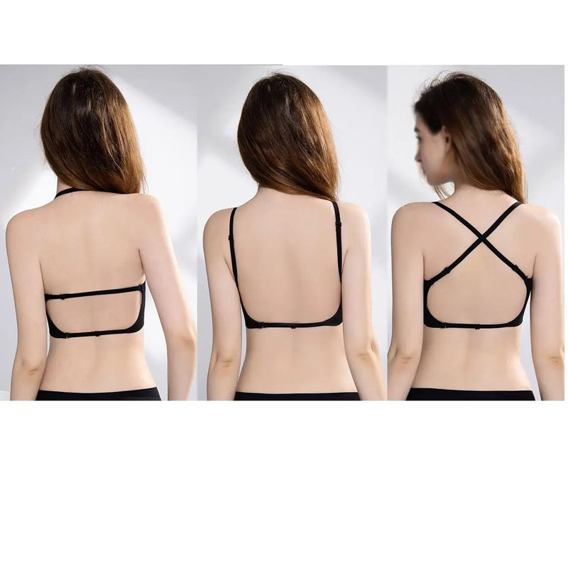 Women Sexy Lingerie Invisible Bra Deep U Plunge Bras Backless Top for Dresses, Transparent Strap Push Up Back Sling Underwear