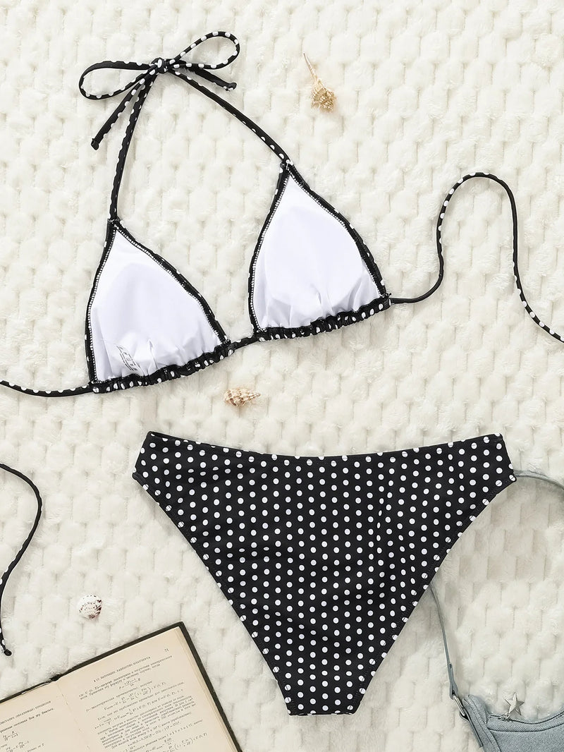 2025 New Women's Black Ground White Dot Printed Swimsuit Halter Neck Low Waist Bikini Set For Summer Female Swimwear Brazilian