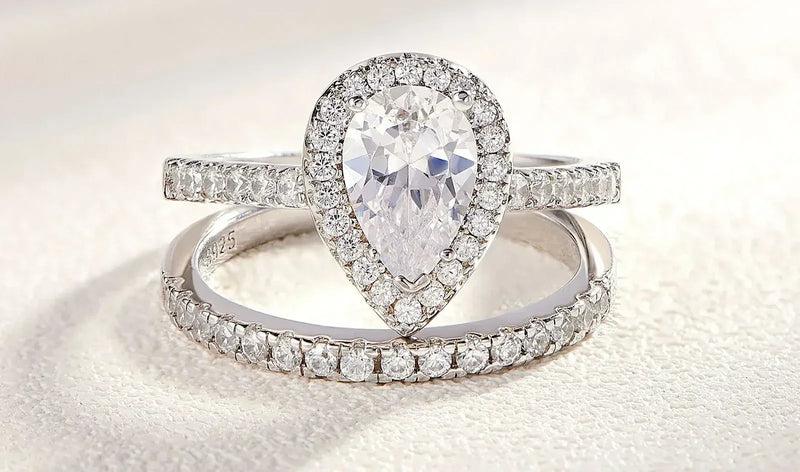 Newshe 2 Pieces Tear Drop Shape Engagement Ring Wedding Band for Women 925 Silver Bridal Jewelry High Grade Cubic Zircons