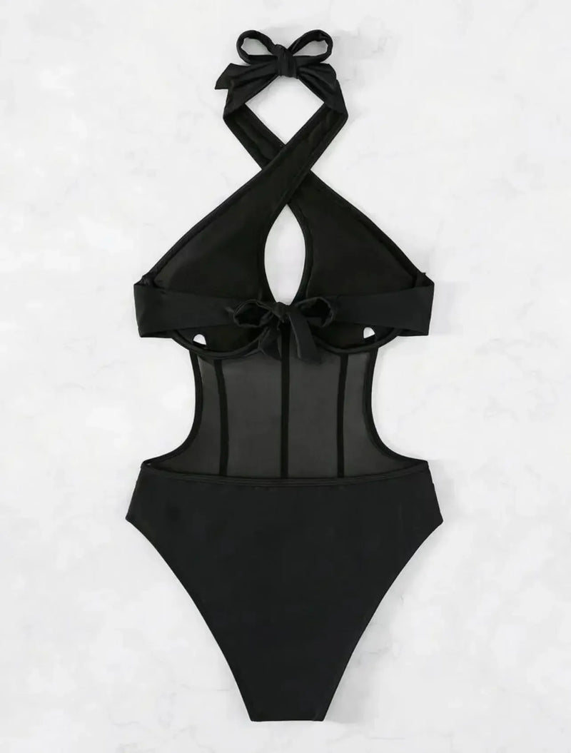 Sexy See Through One Piece Swimsuit 2025 Women Halter Corss Underwire Tummy Control Swimwear Solid Black Hot Pink Bathing Suits
