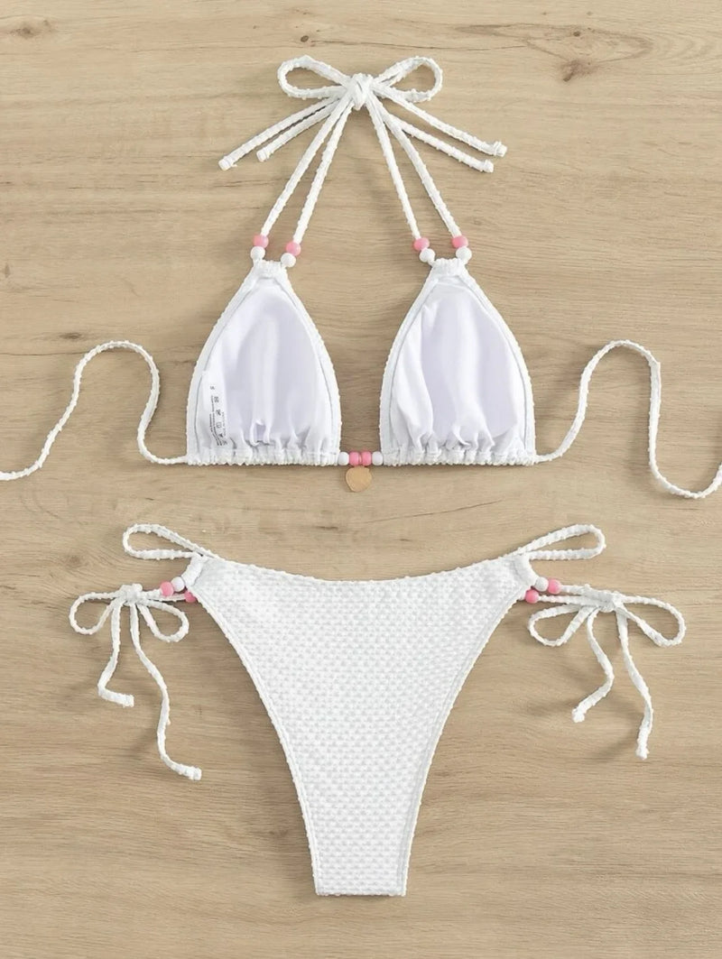 Sexy Pink Bikini 2024 Swimsuit Women White Pearl Strap Push Up Micro Swimwear Brazilian Bathing Suit Tie Side Thong Bikinis Sets