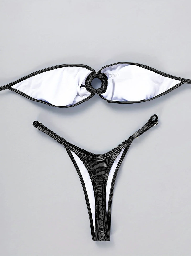 Sexy Bandeau Bikini 2025 Women Gold Black Metal Ring Linked Hollow Out Push Up Micro Swimsuit Shiny Bathing Suit Thong Swimwear