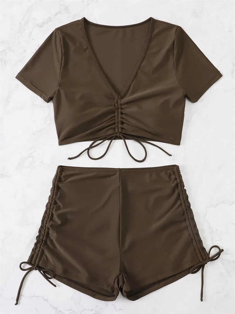 Sexy Drawstring Bikini Set 2026 Women Green Black Short Sleeve Two Piece Swimsuit Summer Bathing Suit Pleate High Waist Swimwear