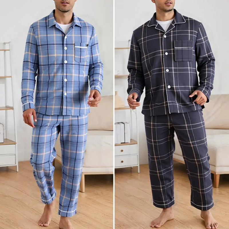 2Pcs Men Pajamas Set Lapel Long Sleeve Single Breasted Tops Elastic Waist Long Pants Comfortable Sleep Set Plaid Print Sleepwear