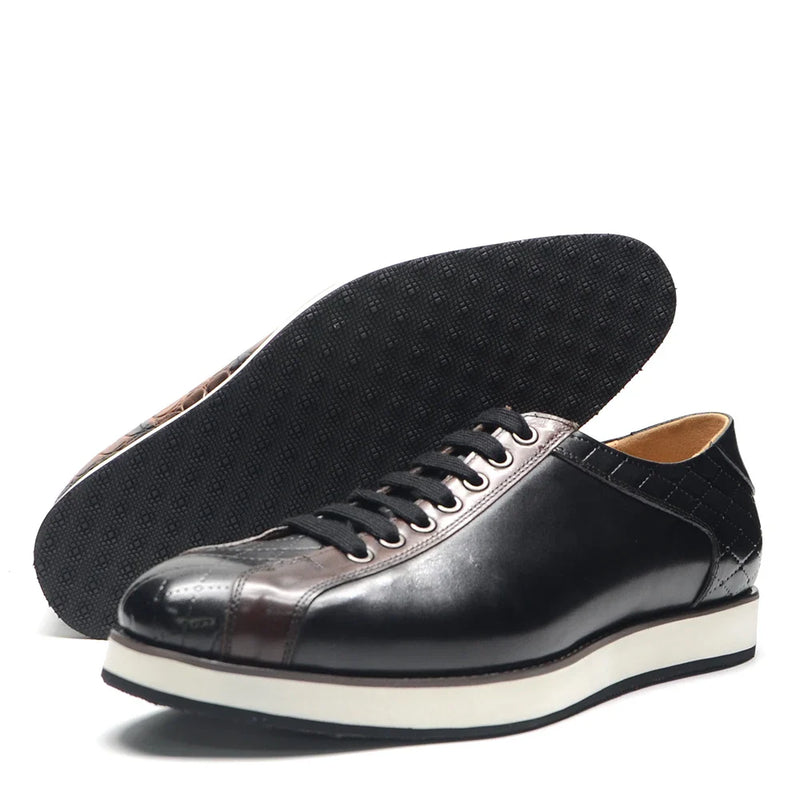 Europe 2024 Fall Luxury Men's Genuine Leather Plaid Casual Shoes | Black & Dark Brown Business Sneakers (Height Increasing)