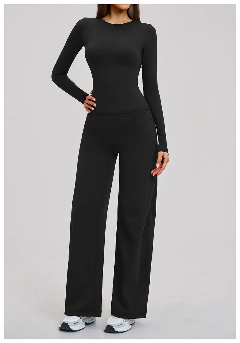 Yoga Set 2 Pieces Women Fitness Sportswear Gym Loose wide-leg pants Long-sleeved T-shirt Sports Crop Tops Tracksuit Workout Wear