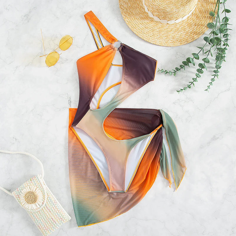 Sexy Orange Tie Dye Gradient One Piece Swimsuit 2025 Women One Shoulder Hollow Out Skirt Swimwear Bathing Suit Thong Monokini