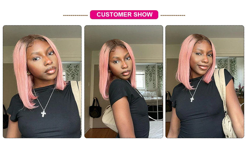 180% Density Dark Root Ginger Ombre Straight Bob Wig | Transparent T-Part Lace Front Human Hair