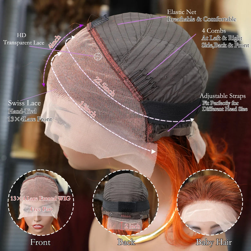 Ginger Orange Bob Wig | 13x4 Transparent Lace Front Brazilian Human Hair