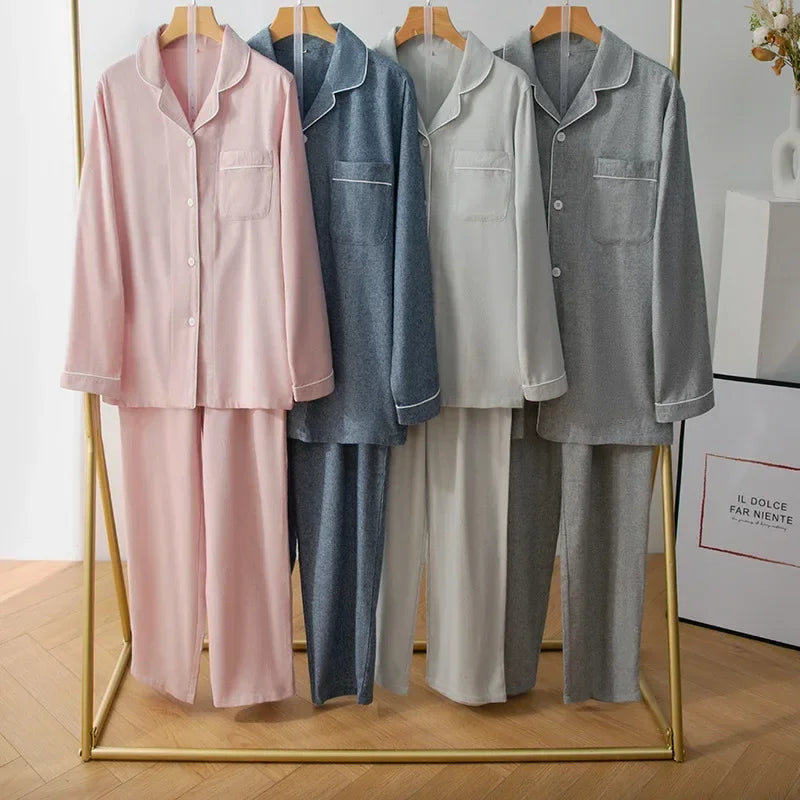 Autumn and Winter Multi Colors Cotton Brushed Solid and Plaid Design Warm Thick Trousers Pajamas Set Couples Home Clothes